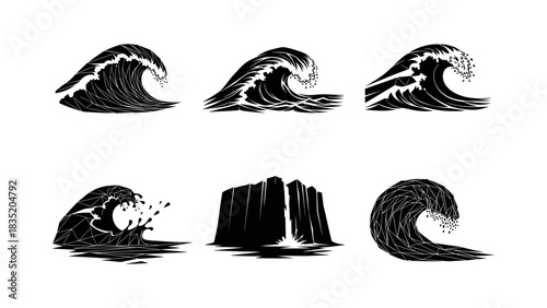 Geometric wave designs: abstract ocean elements in black silhouette style