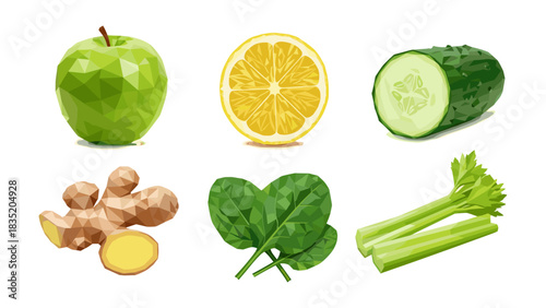 Polygon fruits and vegetables: apple, lemon, cucumber, ginger, spinach, celery art