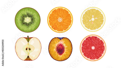 Geometric fruit slices: colorful polygon art featuring apple, kiwi, orange, lemon, peach, grapefruit