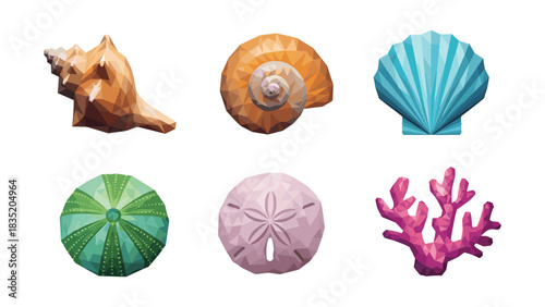 Low poly seashell and coral collection in vibrant colors