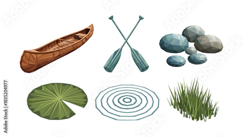 Low poly canoe, paddles, rocks, and nature elements for outdoor designs