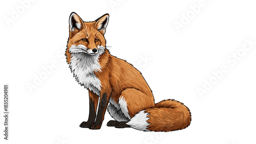 Detailed artwork of a sitting red fox with realistic style and vibrant colors