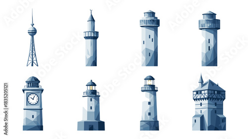 Set of polygonal lighthouse and tower icons in low poly style for design projects