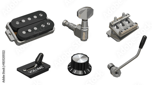 Isometric guitar parts: volume knob, pickup, tuning pegs, bridge elements