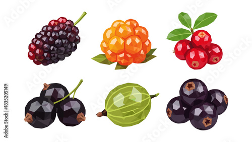 Geometric berries collection: polygonal designs of vibrant fruits