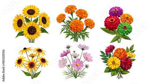 Colorful floral bouquets: sunflowers, marigolds, zinnias, and cosmos in geometric design