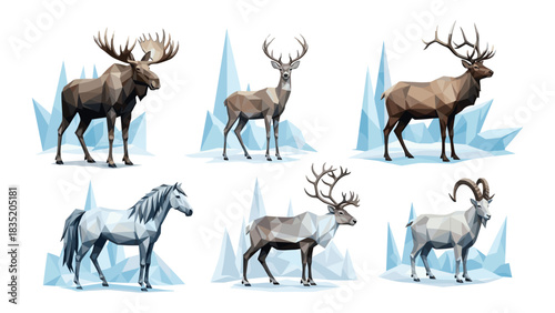 Geometric polygonal wildlife in arctic landscape with animals
