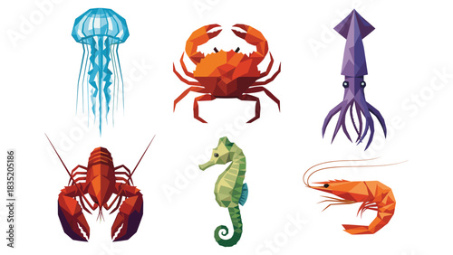 Geometric sea creatures in vibrant poly shapes