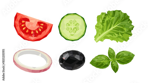 Low poly vegetables and herbs: tomato, cucumber, lettuce, onion, olive, basil