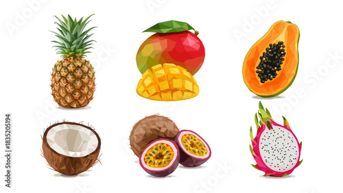 Geometric tropical fruits set featuring pineapple, mango, papaya, coconut, kiwi, dragon fruit