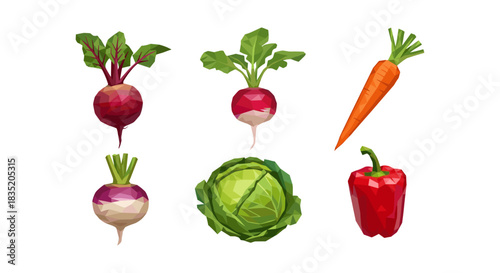 Geometric vegetables set featuring low poly carrot, radish, cabbage