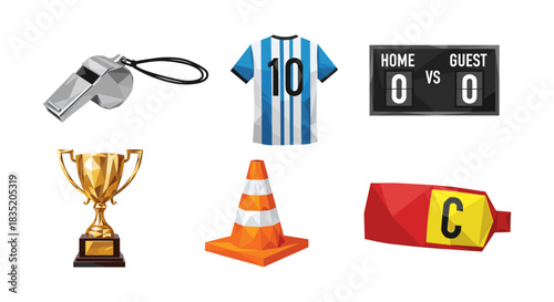 Polygonal sports icons set including whistle, jersey, and trophy