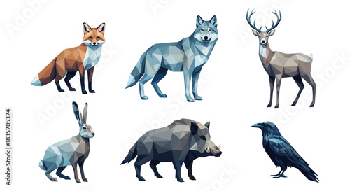 Geometric polygonal wildlife collection featuring fox, wolf, deer, and more