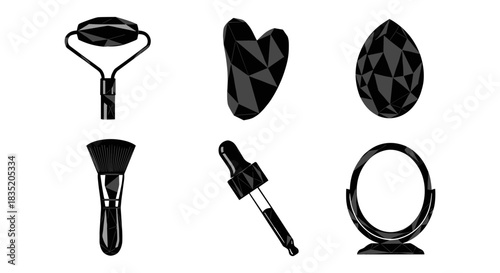 Polygonal beauty tools: jade roller, heart stone, egg stone, brush, dropper, mirror