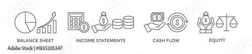 Financial statements banner web icon vector illustration concept with icon of graph, balance sheet, pie chart, income statements, money, calculator, income, earning, cash flow, equity, and balance