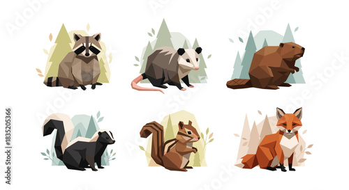 Geometric wildlife collection: polygonal forest animals in minimalist design