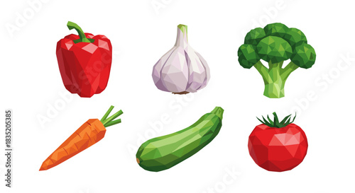 Low poly vegetables collection: fresh peppers, garlic, broccoli, carrots, zucchini, tomatoes
