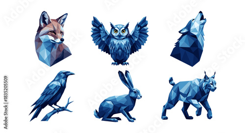 Low poly geometric animals in blue tones: fox, owl, wolf, raven, rabbit, lynx