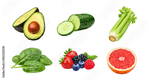 Fresh fruits and vegetables in geometric low poly style for healthy living