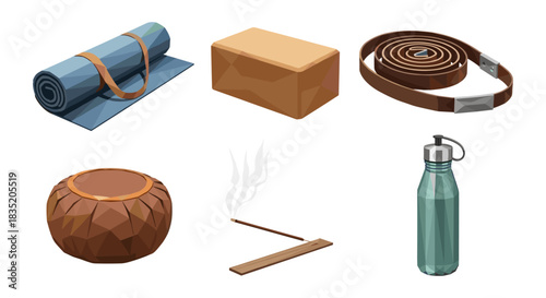 Geometric yoga essentials: mat, block, strap, cushion, incense, bottle