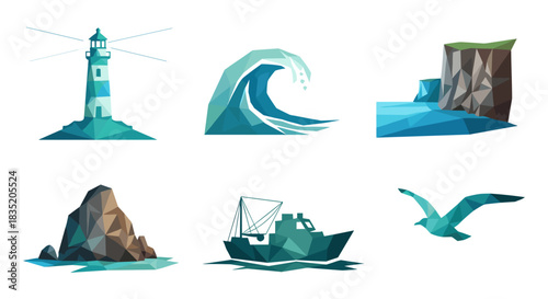 Geometric coastal elements featuring lighthouse, wave, cliff, rock, boat, and seagull