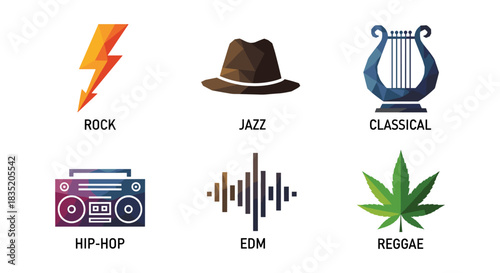 Geometric icons representing diverse music genres in low poly style