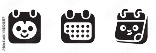 Set of 3 calendar vector icons illustrating happy face calendar, calendar with dates, and winking face calendar