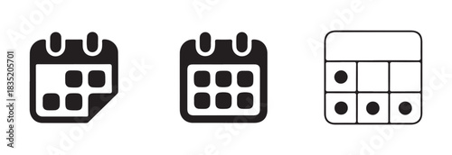 Three different black calendar icons, featuring a folded corner, a regular grid, and a split layout