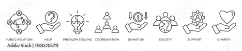 Volunteer banner web icon vector illustration concept with icon of public relations, help, problem-solving, coordination, donation, society, support, charity