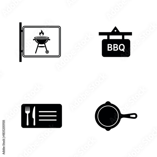 Illustrations of bbq grill sign, bbq sign, menu and frying pan on white background silhouette