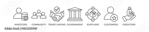 Stakeholder banner web icon vector illustration concept for stakeholder, investor, government, and creditors with icon of community, trade unions, suppliers, and customers