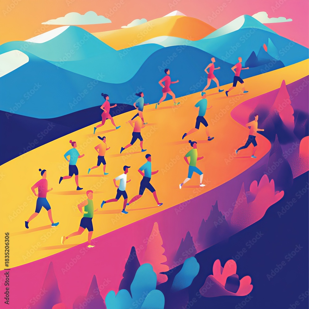 Fototapeta premium Colorful Group of Runners Training Outdoors on Mountain Trail at Sunrise
