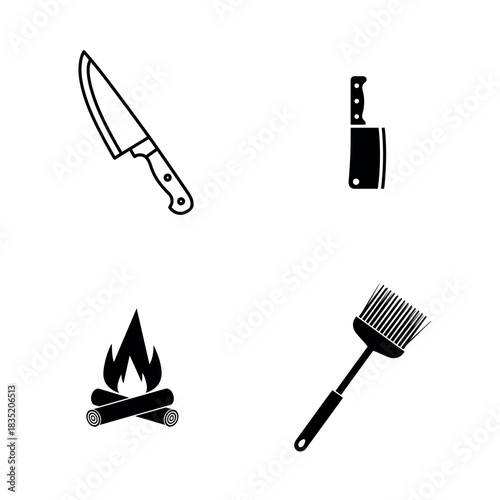 Illustration of a chef's knife, meat cleaver, campfire, and basting brush tools silhouette