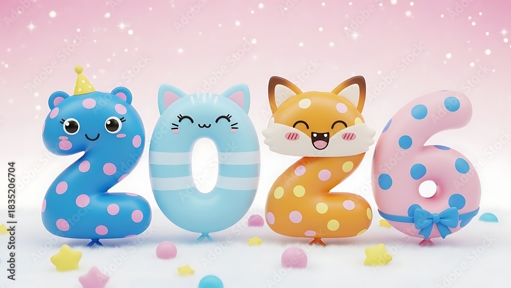 Obraz premium Cute 2026 new year celebration with animal shaped numbers and polka dots