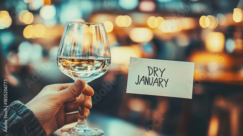 Celebratory Toast, Dry January Concept with Wine Glass with water, Non-alcoholic month