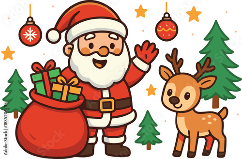 Cartoon Santa with Reindeer and Gifts