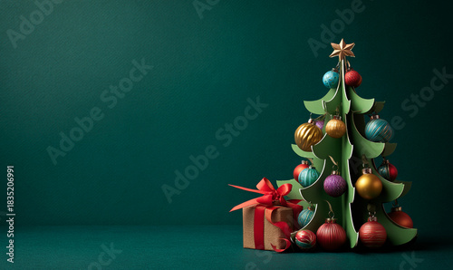 Paper christmas tree with ornaments and gift on a dark green background