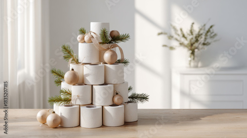 Minimalist Christmas tree made from stacked toilet paper rolls with wooden ornaments and neutral decorations in soft Scandinavian style