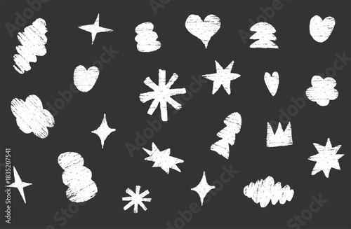 Set of funky childish style figures and geometric shapes drawn by crayon. Pencil or chalk drawn stars, arrows, circle, squiggle and various naive basic shapes. Bizarre geometric forms. Vector