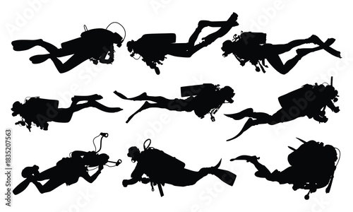 Black silhouette of scuba diving and free divers on a white background