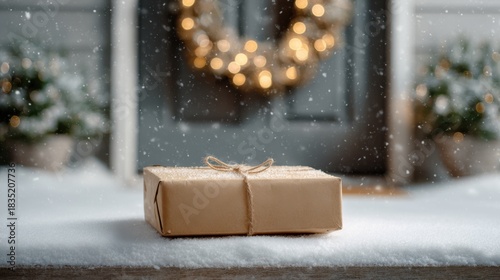 Kraft Christmas parcel on snowy doorstep with warm lights and blurred wreath in background