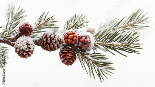 Snow covered pine branch with pinecone isolated on white background