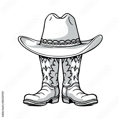Vsai western cowboy hat sitting on traditional cowboy boots illustration