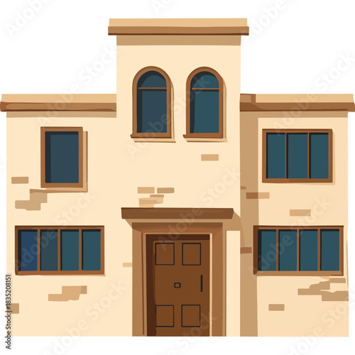 Two Story Traditional Adobe House With Dark Brown Windows And Double Door Entrance Under Blue Sky