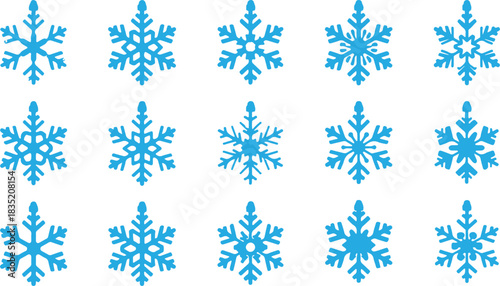 Varied collection of intricate blue snowflake designs, perfect for enhancing winter holiday decorations, seasonal greeting cards, frosty illustrations, and festive graphic applications