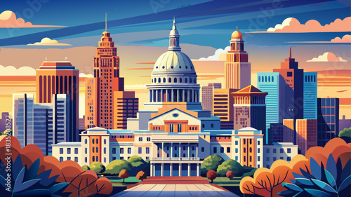 Very beautiful stylized vector illustration of Austin’s skyline highlights clean architectural lines, the prominent capitol dome, and balanced shapes perfect for travel guides, posters, and modern 