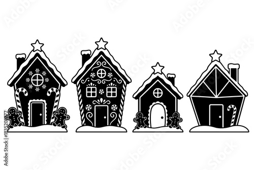 vector drawing of a house
Four Decorative Gingerbread Houses in a Row Silhouette.
Festive Holiday Vector Art