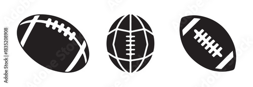 Dynamic collection of three american footballs with laces in various orientations black and white vector graphics