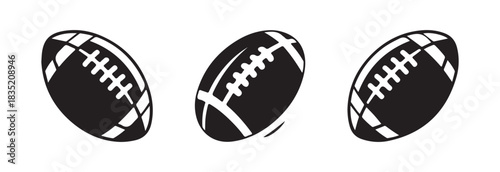 Set of three american football ball icons in different angles isolated on white background, flat vector illustration