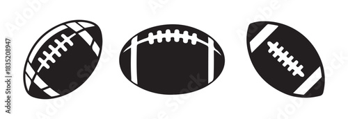 Set of three american football ball icons isolated on white background, sport game equipment, flat vector illustration
